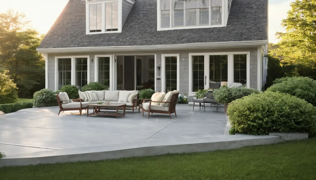 Homeowners relaxing on a newly poured broom-finish concrete patio behind a house in High Bridge