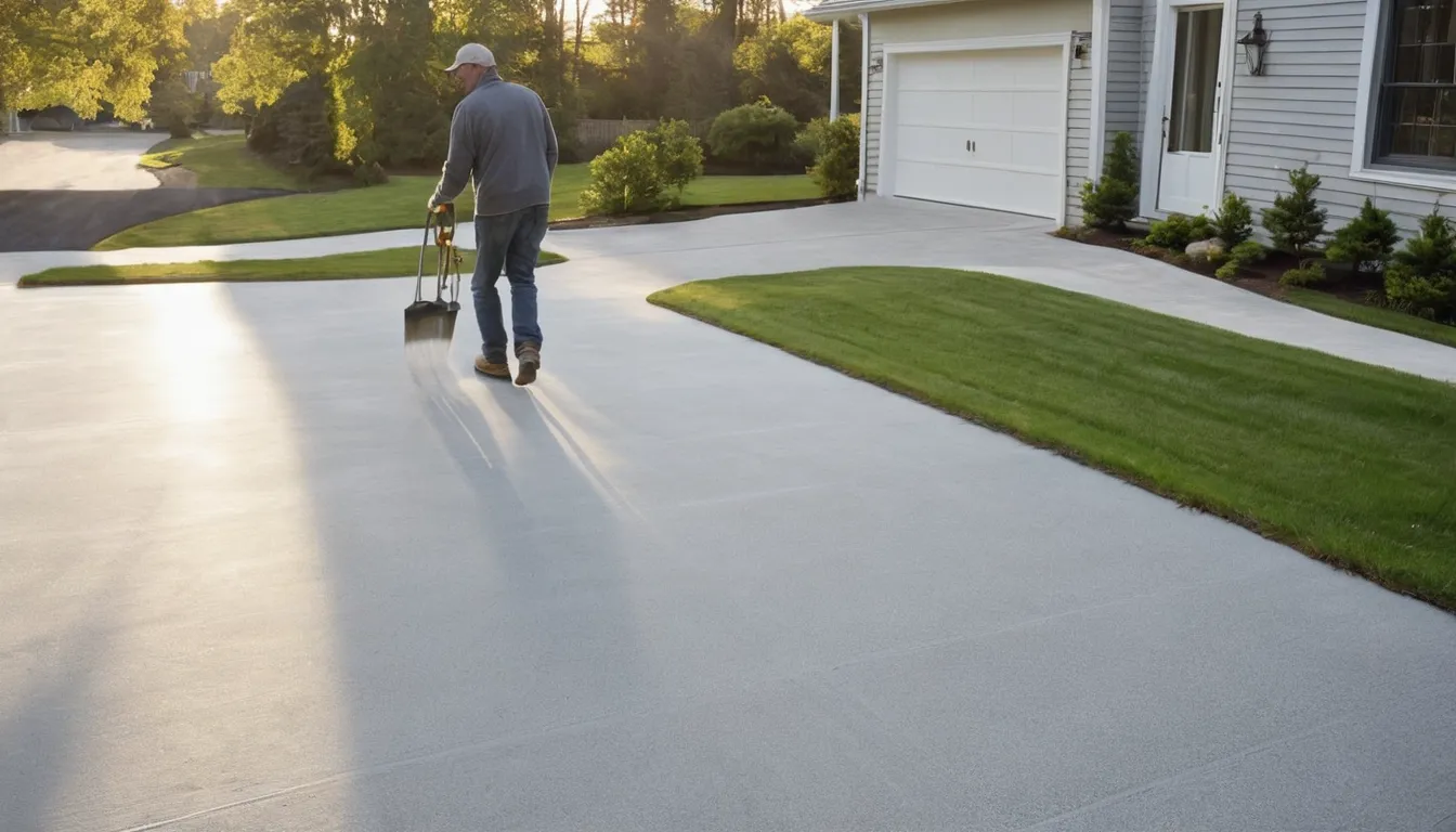 A new concrete driveway beside a High Bridge home with a neat patio nearby